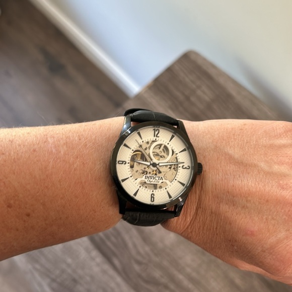 Invicta|Genuine Calf Leather Band Black Stainless Steel Watch- Objet d’Art - Picture 8 of 9